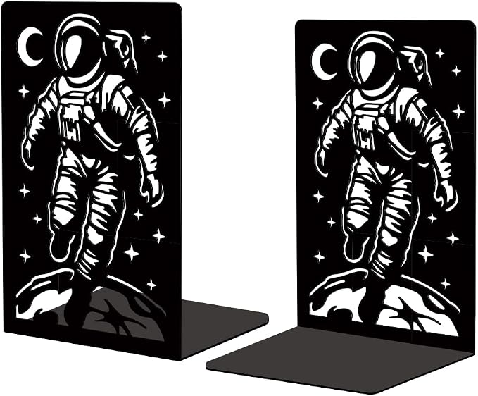 Peacoblue Metal Bookends for Shelves, Modern Decorative Heavy Duty Study Book Support Stoppers for Office, Desk, Shelf, Room 5.3"x4.3"x7.9" Cast Iron Simple Tall Bookends, 1 Pair (Space Astronauts)