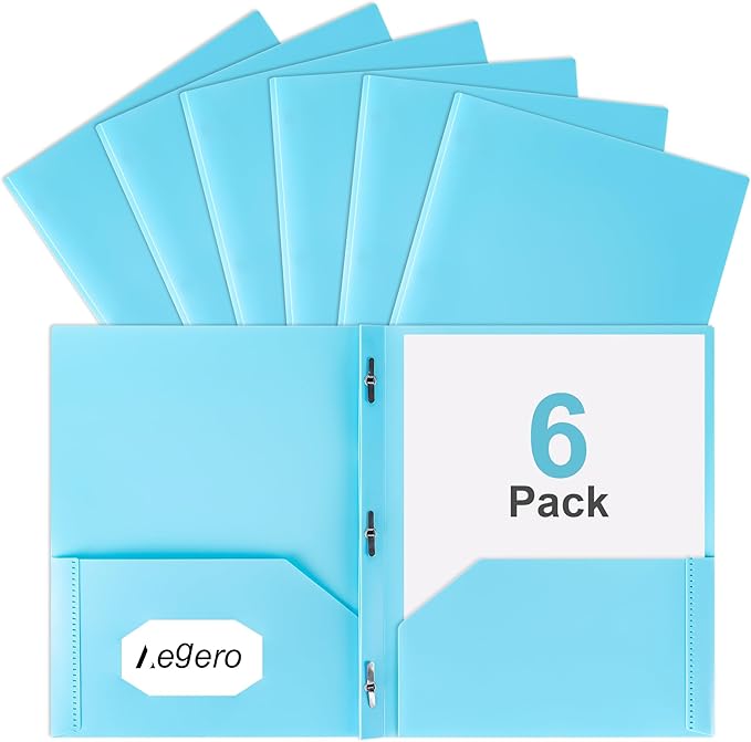 Aegero Folders with Pockets and Prong with Fasteners (6 Pack,Light Blue),Durable Plastic Pocket Folders with Prongs,Tear Resistant,2 Pocket 3 Prong Folders for Schoolwork & Office,Letter Size