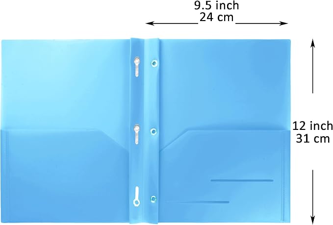 Youngever 6 Pack Heavy Duty Plastic Two Pocket Folders with 3 Prongs, Metal Prongs Fastener, Heavy Duty Plastic 2 Pocket Folder (Light Blue)
