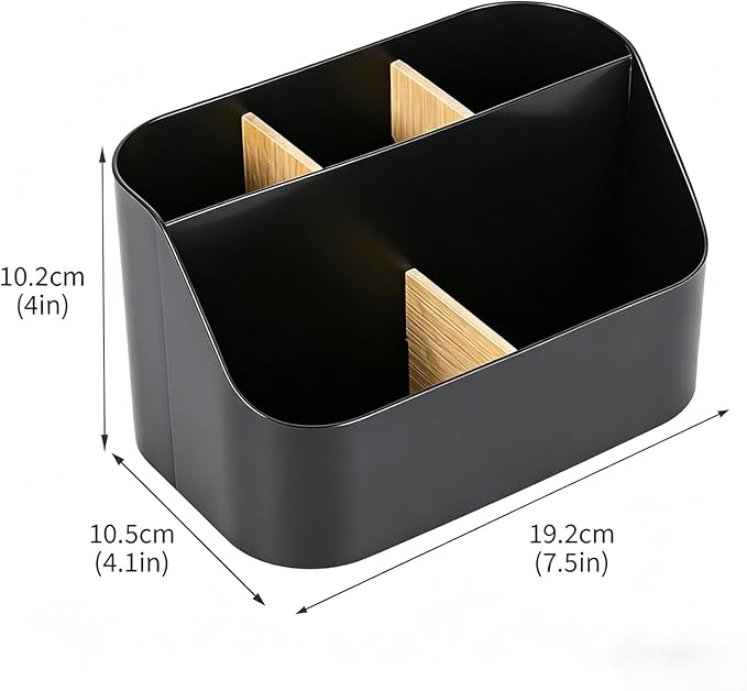 Remote Control Holder, Plastic Desk Organizer with Bamboo Dividers, 4-Compartment Remote Caddy for TV Media Phone Pen Storage, Tabletop Organizer for Coffee Table, Nightstand, Office, Black