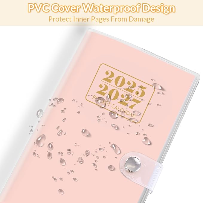 Pocket Calendar 2025-2027, Monthly Purse Planner (6.7" x 3.7") Runs from July 2025 to December 2027, Solid Pink Pocket Calendar with PVC Cover for Planning, Organizing, and Office Use