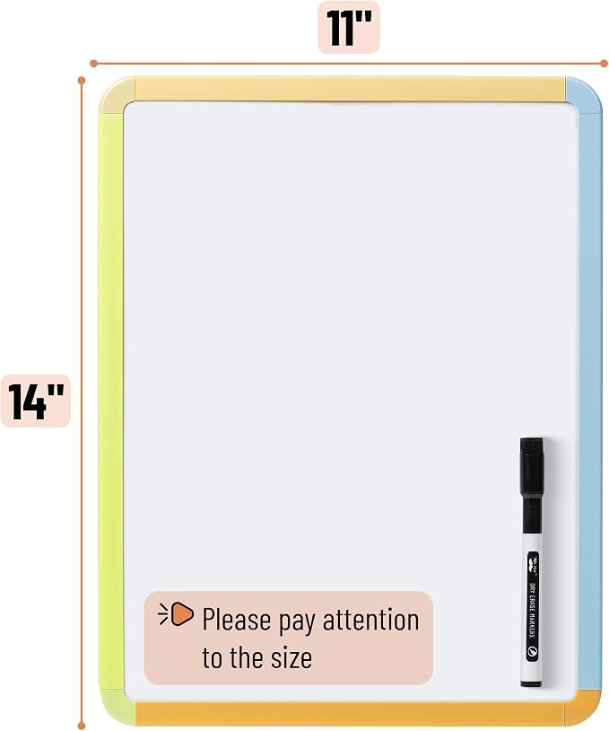 Mr. Pen- Dry Erase Board, 14” x 11” with a Black Dry Erase Marker, Citrus Frame, Small Mini White Board for Students, Fridge, Wall, Locker, Includes Double Sided Tapes
