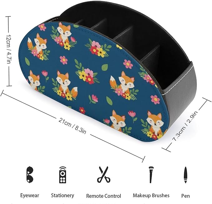 Remote Control Box with 5 Compartments, PU Leather Storage for Media Players, TV Remotes, and Bedside Table, Cute Fox