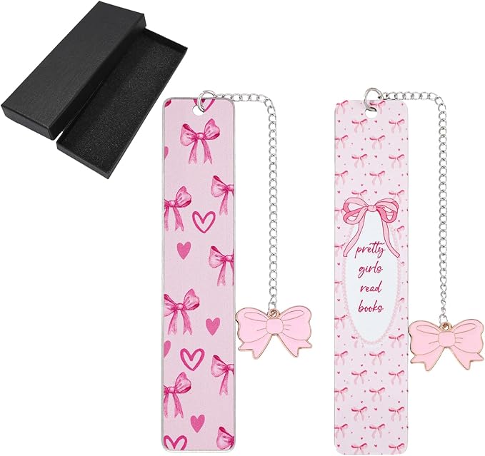 Pink Bow Metal Bookmark Gift Silver Chain Pendant with Bow for Women's Christmas Gift Book Lover Book Accessories School Supplies Office Stationery (Pink Bow)