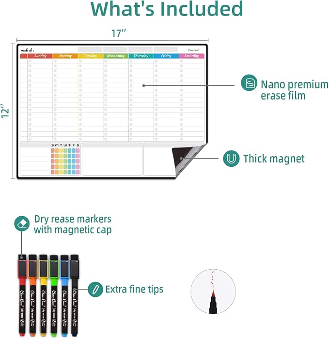 Magnetic Dry Erase Weekly Calendar for Fridge - Large 17"x12" Magnetic Weekly Planning Board with Hourly Time Slots - 6 Extra Fine Point Markers Included