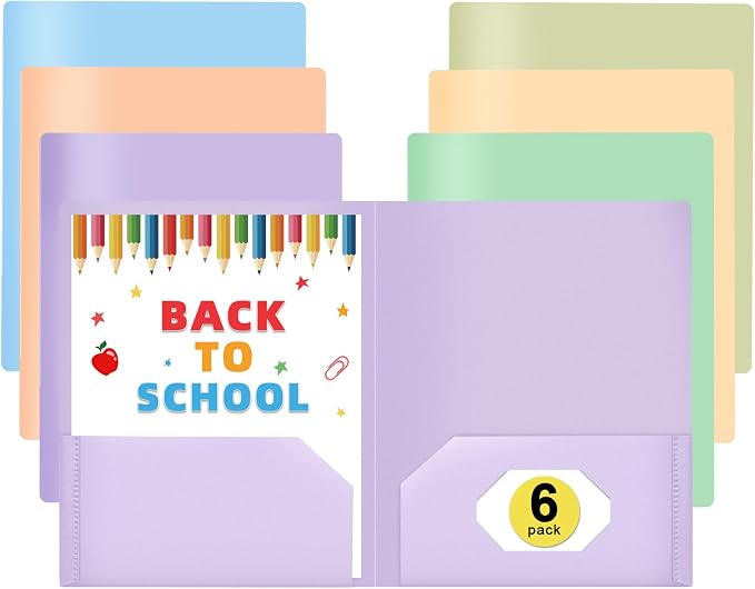 MystiCharm Folders with Pockets Back to School Supplies for Students Teacher 6 Pack 2 Pocket Pastel Plastic File Folders Bulk for Documents Homework Paper Resume School Office Supplies Accessories