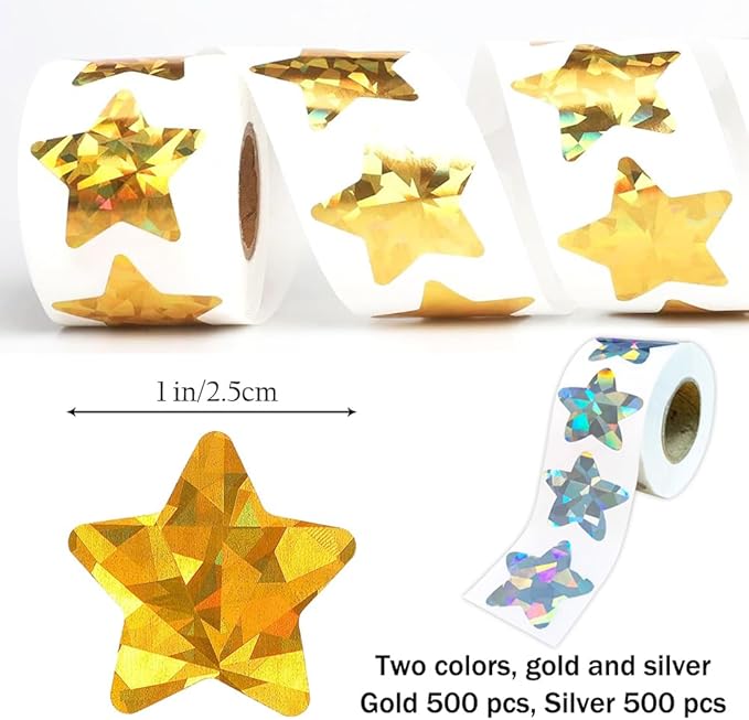 Star Stickers Holographic Gold Silver Stickers 1" 1000 Pcs Self Adhesive Behavior Chart Labels Glitter Foil Stickers DIY Craft Supplies