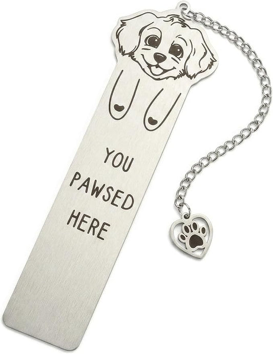 Dog Bookmark for Women Readers, Cute Stainless Steel Metal Bookmark with Paw Charm, “You Paw-SED Here” Gift for Dog Lovers & Dog Moms, Page-Friendly Bookmarks for Reading