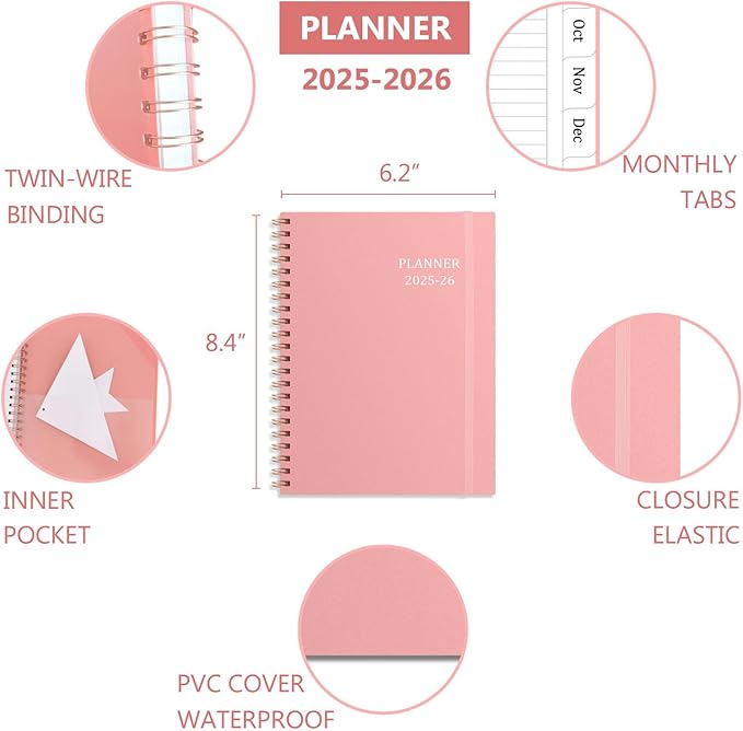Tiankool Planner 2026, Jan 2026 - Dec 2026 Weekly Monthly Planner with 12 Monthly Tabs and Elastic Closure, Inner Pocket, Round Corner,5.8" x 8.25"- Pink