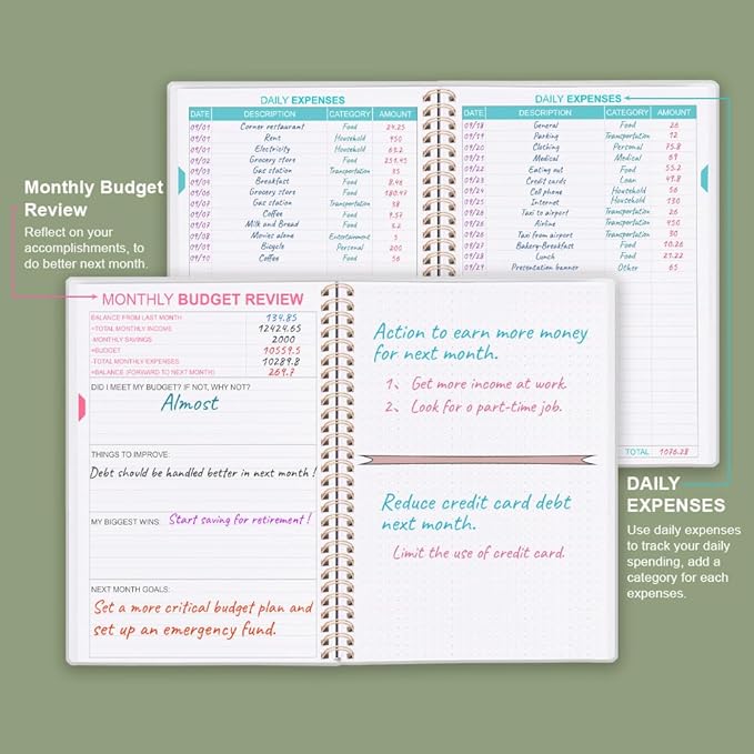 Budget Planner - Monthly Budget Book with Expense Tracker Notebook, Undated 12 Month Bill Organizer & Finance Planner to Manage Your Money, Account Book with Colorful Tabs, 8" x 9.5", Green