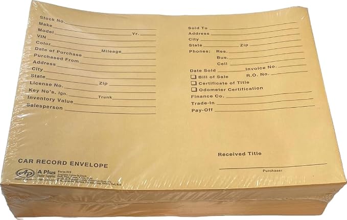 A Plus Car Record Envelope #19 Vehicle Dealer Jackets, 100 Quantity, Buff (W3)