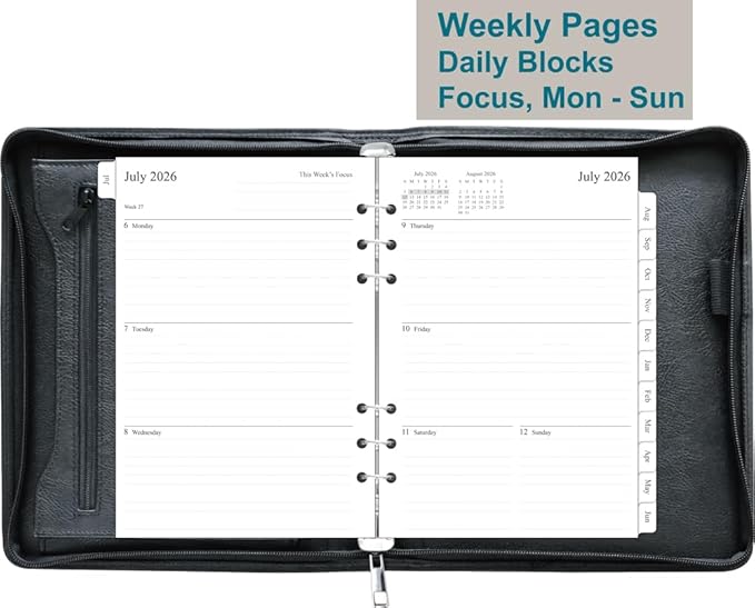 Fan&Ran 2026-2027 Zippered Planner, 6-Ring Portfolio Binder with Weekly Inserts, A5 Size, Black