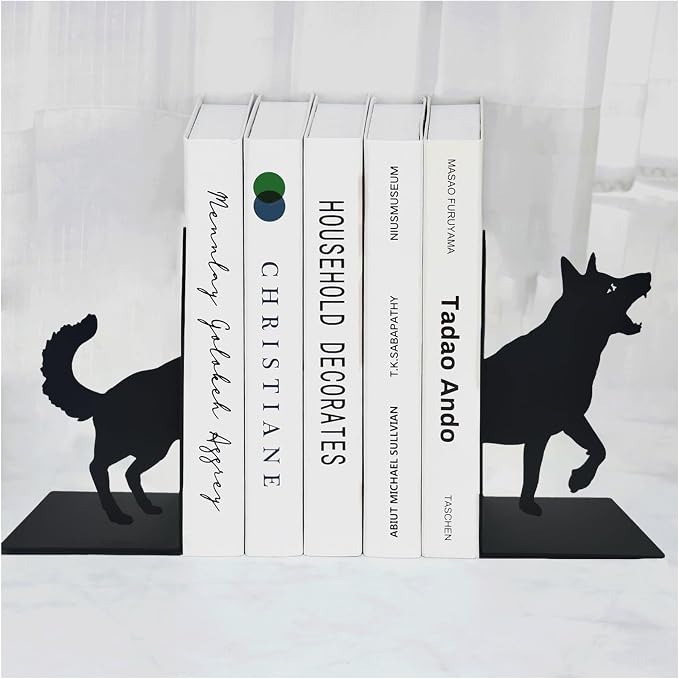 ENCIMART Dog Book Ends Decorative for Shelves, Black Metal Bookend Supports for Heavy Books, Book Stoppers for Home Office Desktop Organizer for Men and Book Lovers Gift