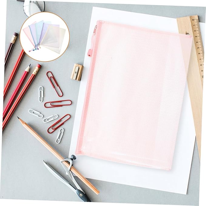 STOBOK Mesh Zipper Pouch Bags 5-Pack 9.25X4.40X0.07In Document Storage Organizer with Rope Ring for Office School Supplies