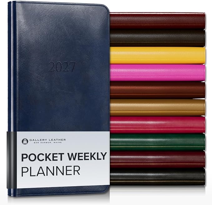 Gallery Leather Pocket Weekly Monthly Planner 2027, Elegantly Bound Calendar Planner and Notebook with Stylish Gold-Gilded Page Edges, 12 Months - Acadia Navy - 6x3.25"