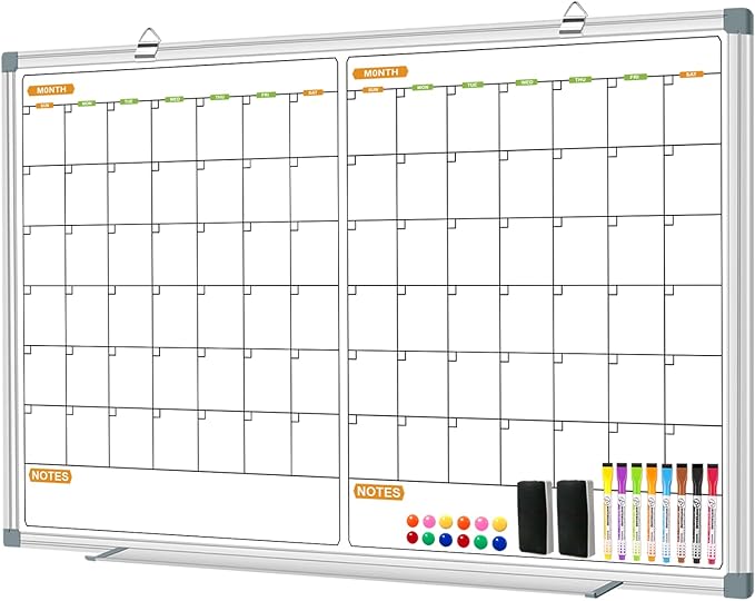 Calendar Whiteboard for Wall, 2 Month Calendar Dry Erase Board 36 X 24 Inch, Silver Aluminum Frame Hanging or Wall Mount Board with 2 Eraser, 8 Marker, 12 Magnet