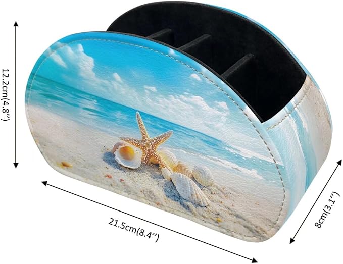 Forchrinse Blue Sky Hawaii Starfish Leather TV Remote Control Holder with 5 Compartments,Desktop Media Player Remote Caddy Storage Box Organizer Non Slip