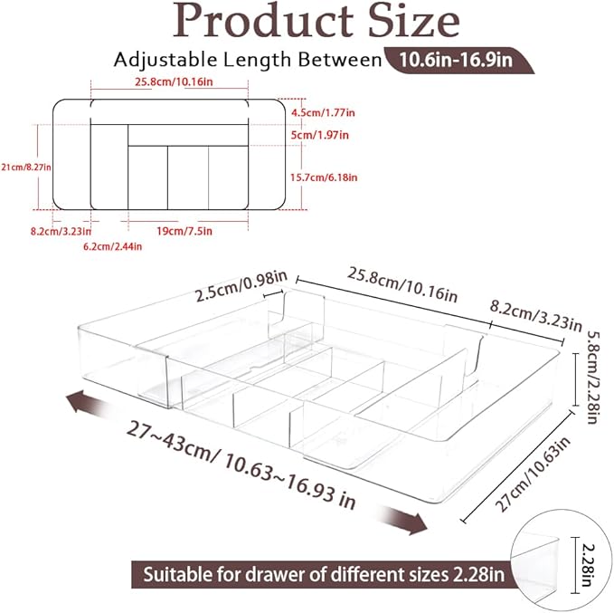 CEYAZYE Acrylic Expandable Drawer Organizer, Clear Makeup Vanity Dividers Trays with 8 Compartment, Versatile Desk Accessories Storage for Office Supplies Junk Silverware, (10.6"-16.9") x 10.6" x 2.3"