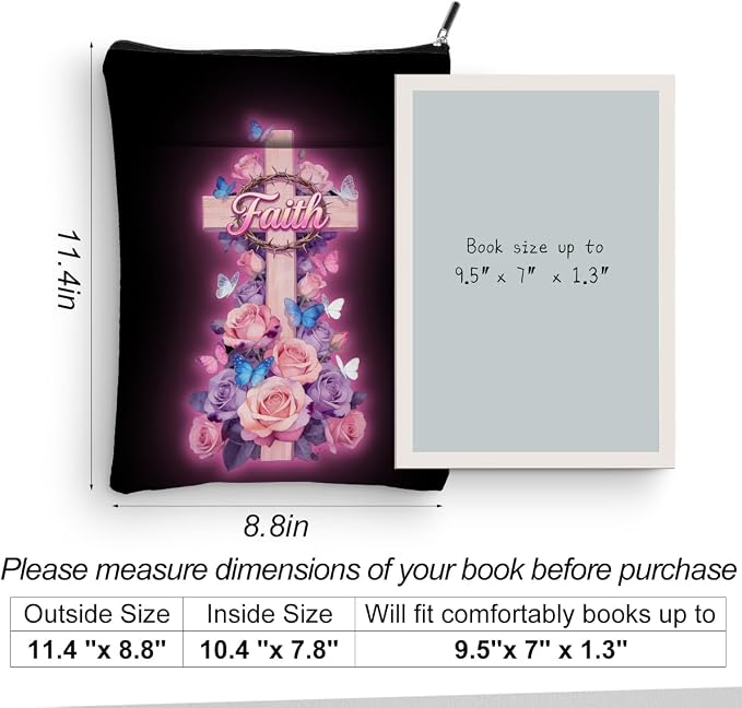 Floral Bible Cross Book Sleeve, Book Lovers Gifts Sleeve with Zipper & Front Pocket, 11.4x8.8 Inch Canvas Books Cover Protector Bookish Bible Gifts for Readers Librarian Women Teacher
