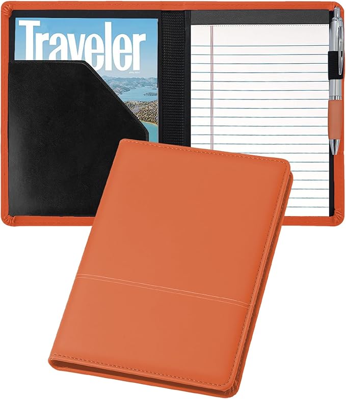 Classic Padfolio/Junior Portfolio Folder Case, Business A5 Binder Organizer Notepad for Men Women, 5 x 8 Writing Pad Included, Orange