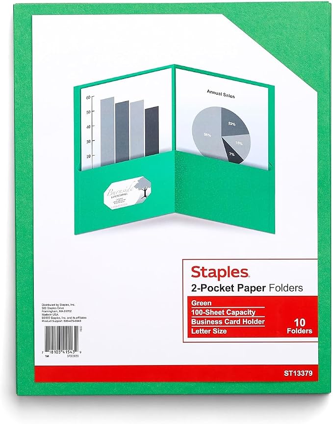 Staples 10% Recycled Smooth 2‑Pocket Paper Presentation Folders with Fasteners, Letter Size Project Folders for Office & School, Green, 10‑Pack