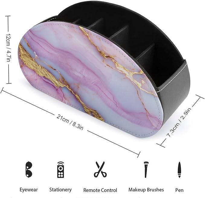Pink Golden Veins Marble Texture Remote Control Holder with 5 Compartments Leather TV Remote Caddy Remote Storage Box Desktop Organizer for Pen/TV Remotes/Media Controllers/Office Supplies