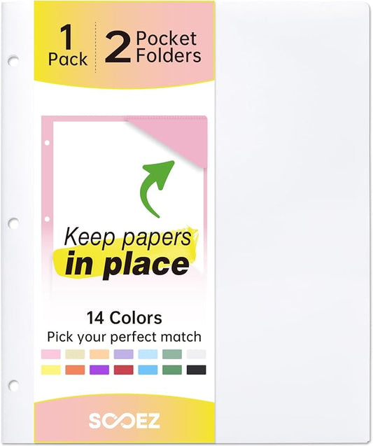 Sooez 2-Pocket Folders, Plastic Folders with Pockets 3 Hole Punched, 1 Pack Pockets Folder for 3 Ring Binder with Labels, Heavy Duty Binder Folder for Document, Letter Size File Folder,White