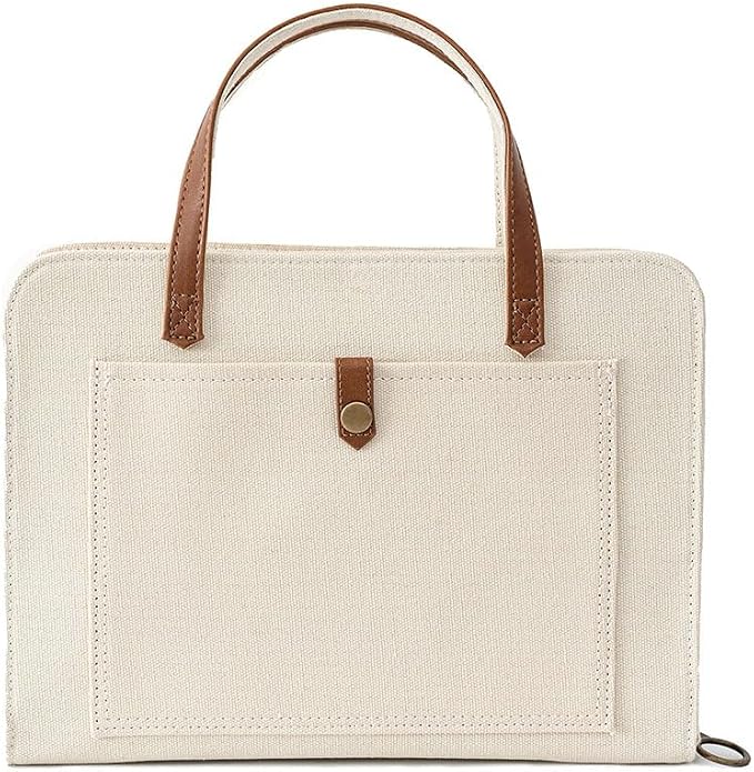 Bible Cover for Women Canvas Case with Leather Handles, Purse Style Bible Bag with Zippered Closure and Snap Pocket (White/Cream, Medium and Large Bibles)