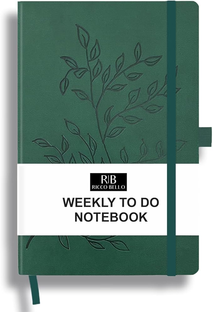 RICCO BELLO Undated Weekly Planner To Do Notebook | Faux Leather Hardcover, for Work, School, Home with Pen Holder, Bookmark, Band Closure, Storage Pocket, 5.7 x 8.4 Inches (Green Leaves)