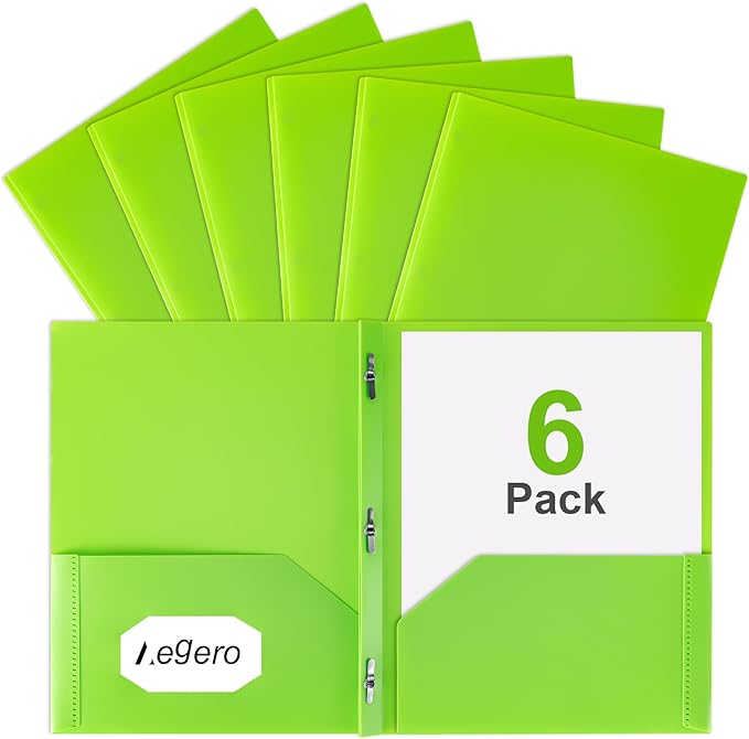 Aegero Folders with Pockets and Prong with Fasteners (6 Pack,Grass Green),Durable Plastic Pocket Folders with Prongs,Tear Resistant,2 Pocket 3 Prong Folders for Schoolwork & Office,Letter Size