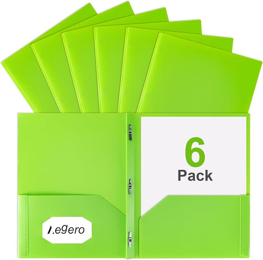 Aegero Folders with Pockets and Prong with Fasteners (6 Pack,Grass Green),Durable Plastic Pocket Folders with Prongs,Tear Resistant,2 Pocket 3 Prong Folders for Schoolwork & Office,Letter Size