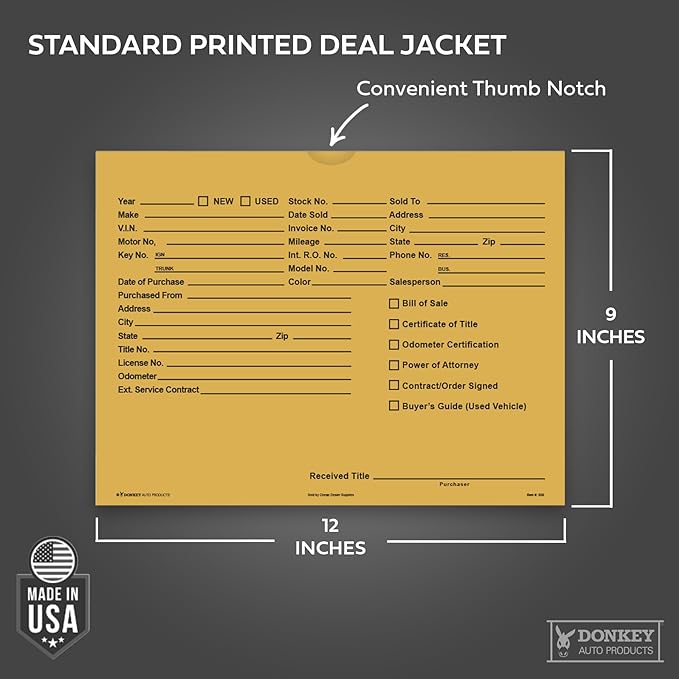 Printed Vehicle Deal Envelopes 9x12 Deal Jackets (100 shrink wrapped) (Buff)