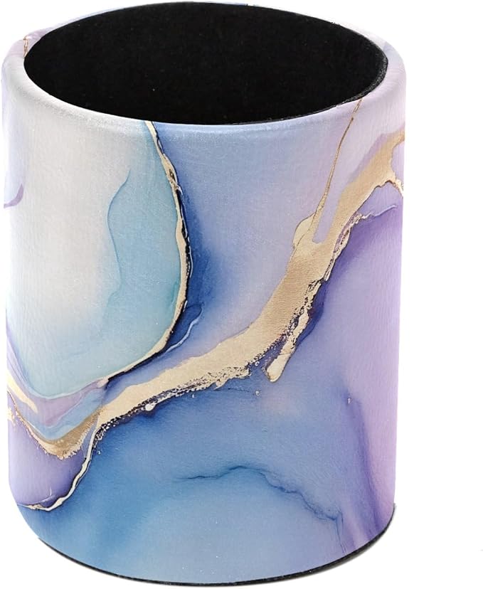 Leather Pen Holder for Desk, Pink Blue Marble Makeup Brushes Holder Pencil Cup Multifunctional Desktop Organizer Caddy for Home School Office Desk Accessories