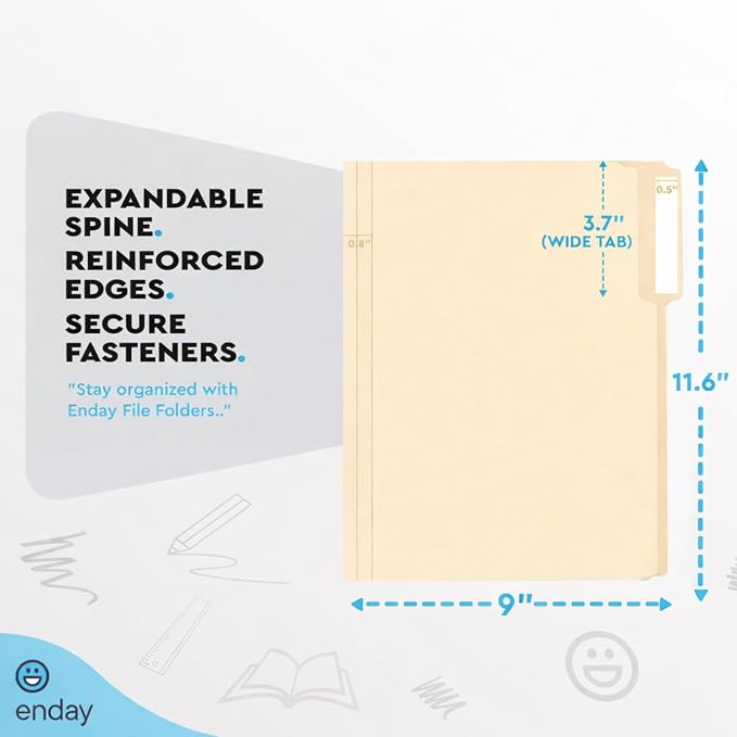 Enday Manilla File Folders Letter Size 1/3 Cut Tab (100 Pack) – Manilla Folders, Letter Size File Folders 1/3 Cut Tab for Office Organization & Document Filing