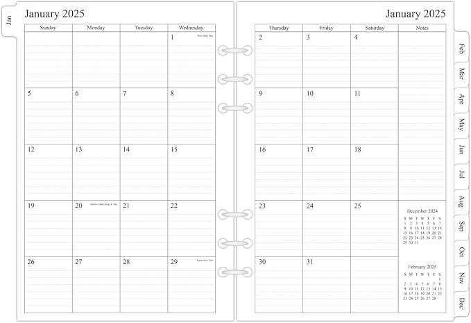 newestor 2025 Monthly Planner Refill for A5 Binder, Two Pages Per Month, Jan 2025 to Dec 2025, A5 Size, 6-Hole Punched