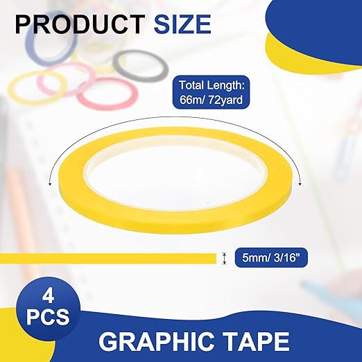 MECCANIXITY Whiteboard Tape 3/16" / 5mm Self Adhesive Graphic Chart Line Tape 72 Yard Grid Marking Stickers for Pinstripe Dry Erase Board Scrapbooking DIY Art Crafts, Dark Yellow, Pack of 4