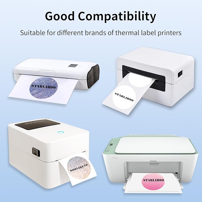 STARLIBOO 2400PCS Thermal Labels, Thermal Printer Labels Round, 2 inch Direct Thermal Stickers use for Barcode, Shipping, Customized, Compatible with Rollo & Zebra & MUNBYN (4 Rolls)