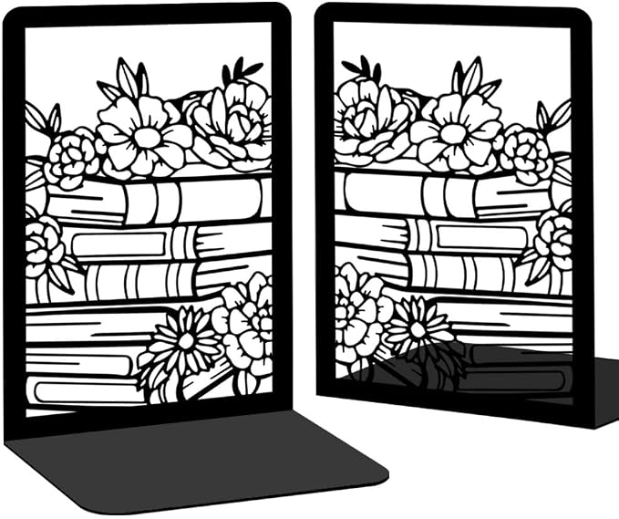 Flowers and Books Thickening Iron Metal Bookends for Shelves, Literary Flavor Book Ends Decorative Books for Home and Office Book Display, Desk Organizer Bookend for Library Decor