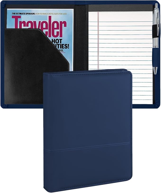 A5 Padfolio Business Portfolio Folder,Junior Size Document Folder Organizer, Padfolio with Interior Pocket and Pen Loop, 5 x 8 Writing Pad Included, Navy Blue.