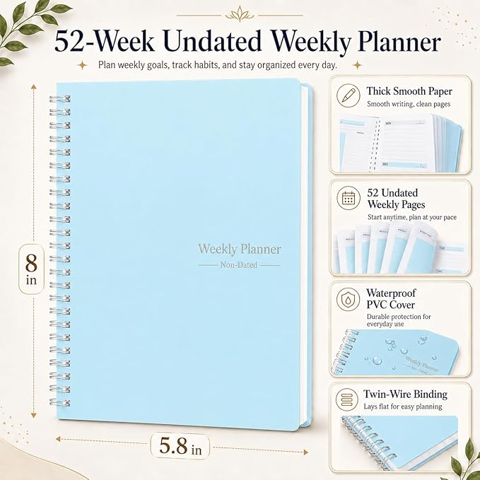 TREES Undated Weekly Planner, Weekly To Do List Notebook with Goal & Habit Tracker Organizer, A5 5.7"" x 8.0"" Weekly Planner Notebook with Spiral Binding for Men or Women, Blue