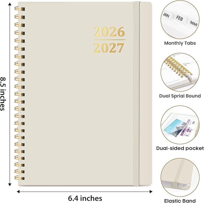 Academic Planner 2026-2027, Weekly and Monthly Calendar Planner Book, July 2026 – June 2027, Hardcover Organizer with Tabs, Perfect for Teachers, Students, Women & Men, A5 (6.4" x 8.5") - Beige