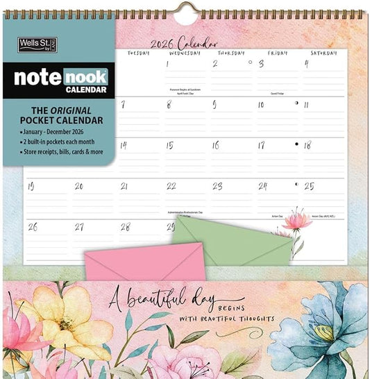 WSBL Country Pleasures 2026 Note Nook Wall Calendar – 12-Month Organizer Calendar with Built-In Storage Pockets, Americana Country Art by Joy Hall, 12"× 12.125"