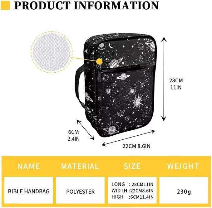 Coldinair Planets Bible Cover Case for Kids Teen,Carrying Book Cover Bible Holders with Handle and Zippered Pocket,Fits for Standard/Large Size Bible,Black
