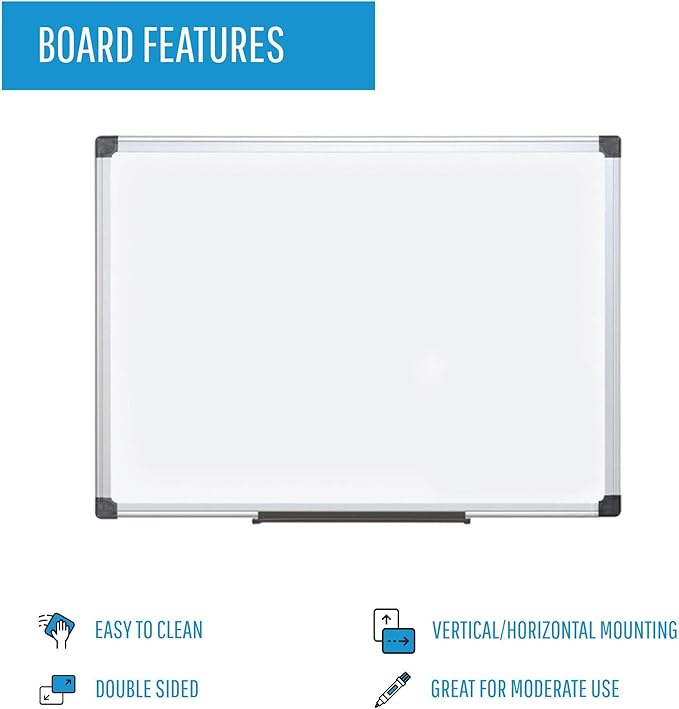 MasterVision Maya Series 48" x 96" Double Sided Melamine Dry Erase White Board with Snap-On Marker Tray, Aluminum Frame, Easy 4-Corner Mounting for Vertical or Horizontal Use