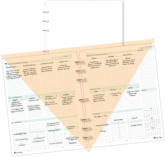 Planner Pad 7 Hole Loose Leaf July 2026 – June 2027 / Academic Year 8 1/2" x 11” 3-Tier Funnel Down 12 Month Large Size Organizer, Black Ink