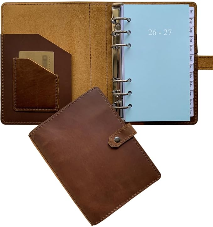2026-2027 Weekly Leather Planner - A6 Genuine Leather Binder Planner for Men and Women, Inner Pockets and Pen Holder, Personal Size
