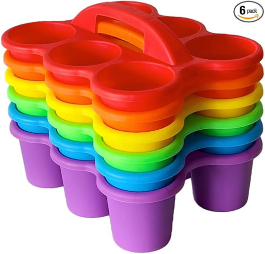 RAUVOLFIA 6 Pack Classroom Caddy Storage Basket with Handle, Plastic Drink Cup Caddy Holder, 6 Compartments for Kids, Table, Office, Arts, Crafts, Crayon, Marker, Pencil, School Supplies (Rainbow)