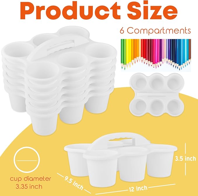 ALINK 6 Pack Classroom Caddy Storage Basket with Handle, Plastic Drink Cup Caddy Holder, 6 Compartments for Kids, Table, Office, Arts, Crafts, Crayon, Marker, Pencil, School Supplies - White