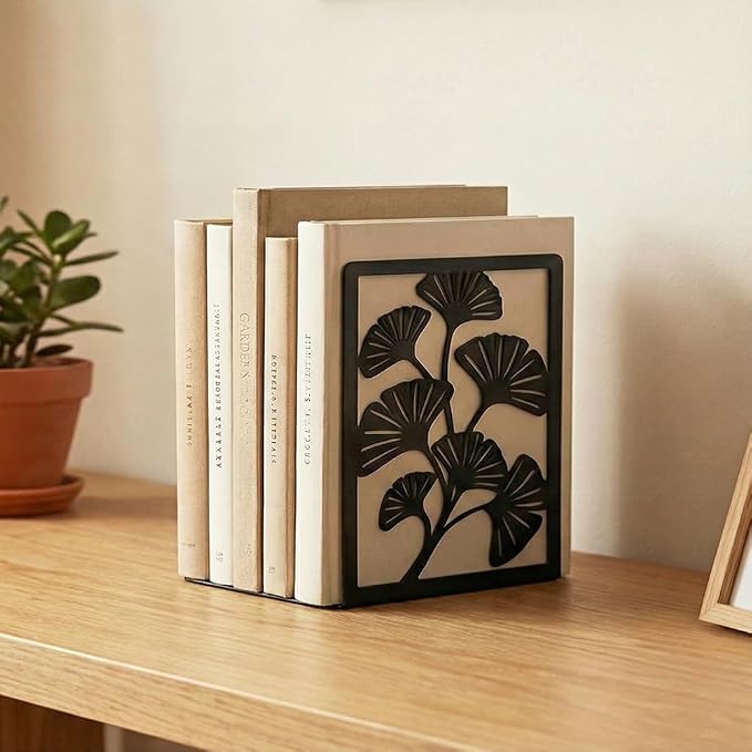 Decorative Bookends, 2 Pcs Ginkgo Leaf Desk Bookends Sturdy Metal Book Organizers for Home Office and Study Room