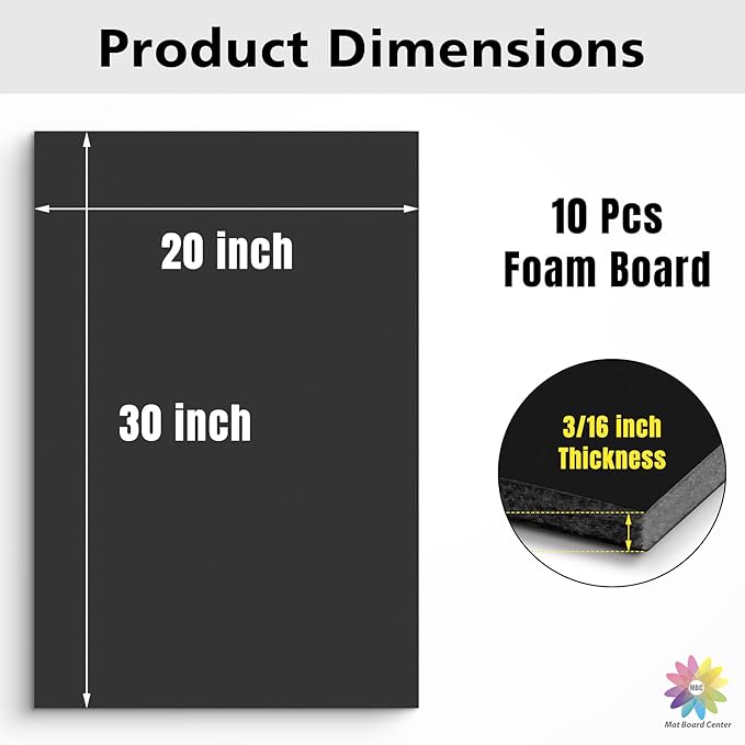 Mat Board Center Premium Black Foam Core Board - 20x30 Inches, 3/16" Thick - 10 Pack, Acid-Free - Ideal for Mounting, Crafts, Art, and Presentations